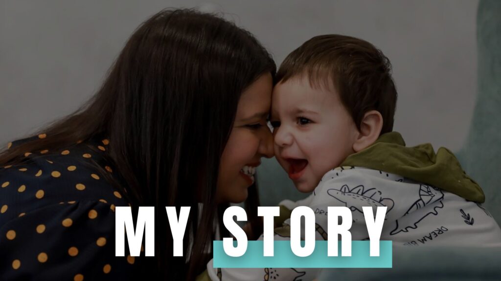 Nancy holding her child with "My Story" overlay